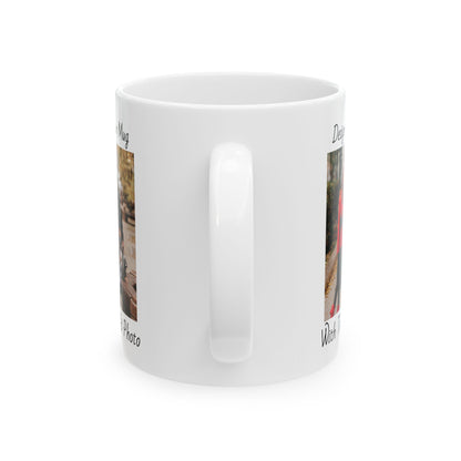 Family Fall Fashion - Mom, Dad, and Daughter in Stylish Outerwear Outdoors Mug