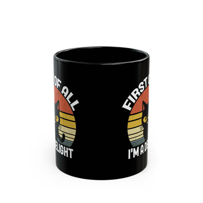 First of All, I'm a Delight – Gift for Cat Lovers, Cute Black Cat Mug with Retro Sunset Design