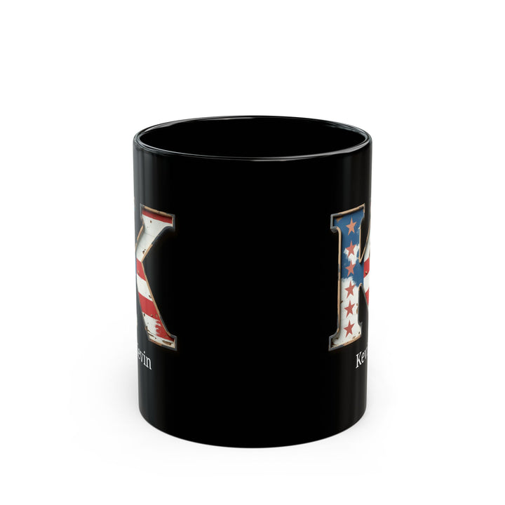 Black American Flag Mug with Letter K and Name Kevin Personalized Patriotic Coffee Cup Gift for Men Veterans or Proud USA Supporters