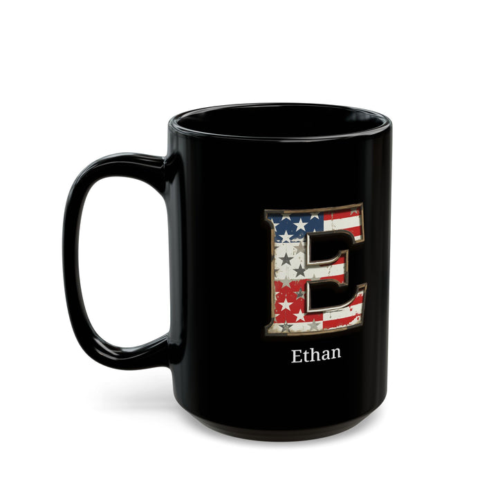 Black Personalized USA Flag Initial Mug with Letter E and Ethan Name Gift for Men, Veterans, Patriotic Coffee Lovers