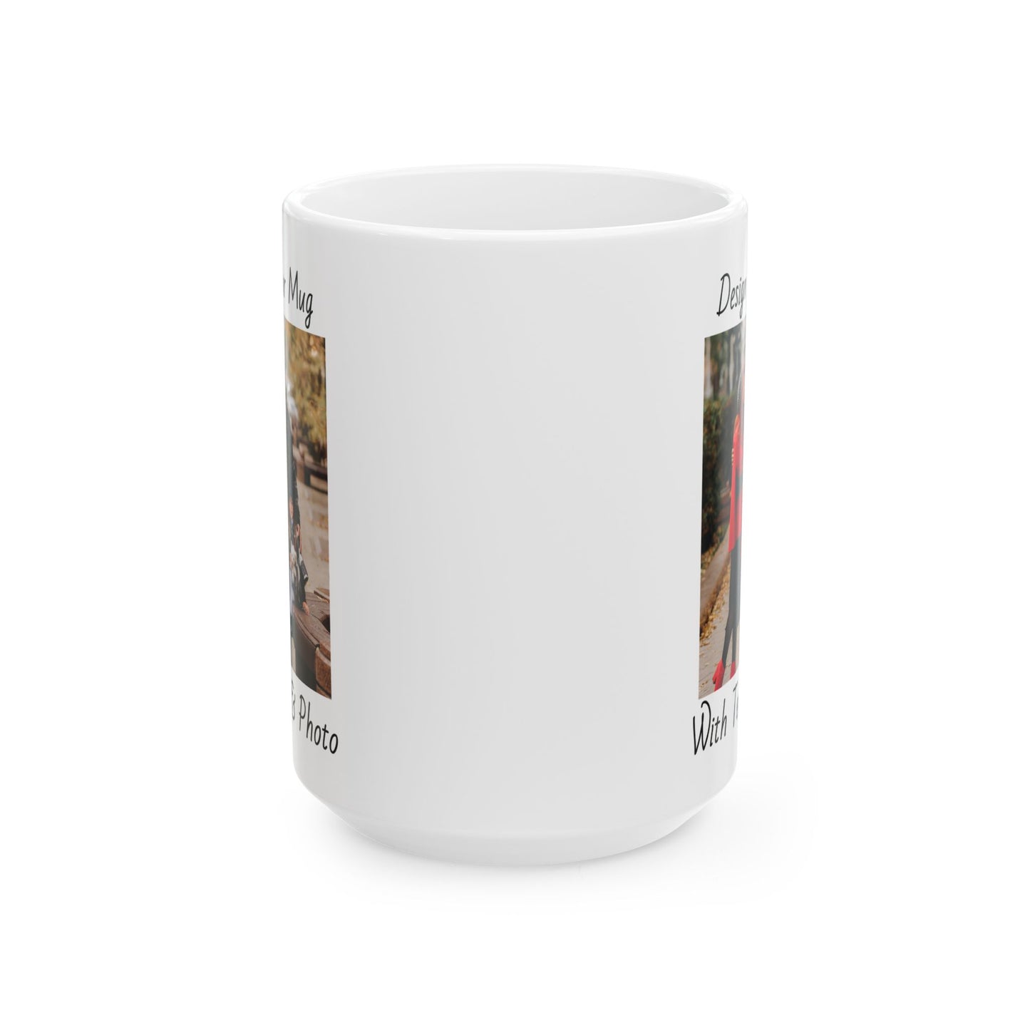 Family Fall Fashion - Mom, Dad, and Daughter in Stylish Outerwear Outdoors Mug