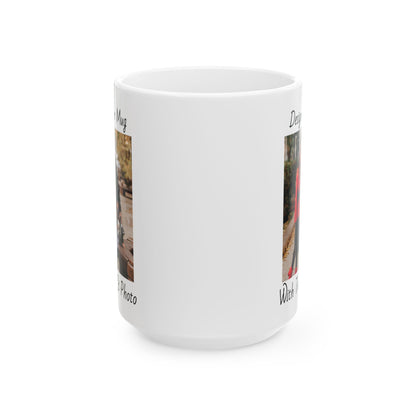 Family Fall Fashion - Mom, Dad, and Daughter in Stylish Outerwear Outdoors Mug