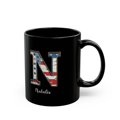Mug - Patriotic American Flag Letter N with Kevin Name - Vintage Red, White, and Blue Design