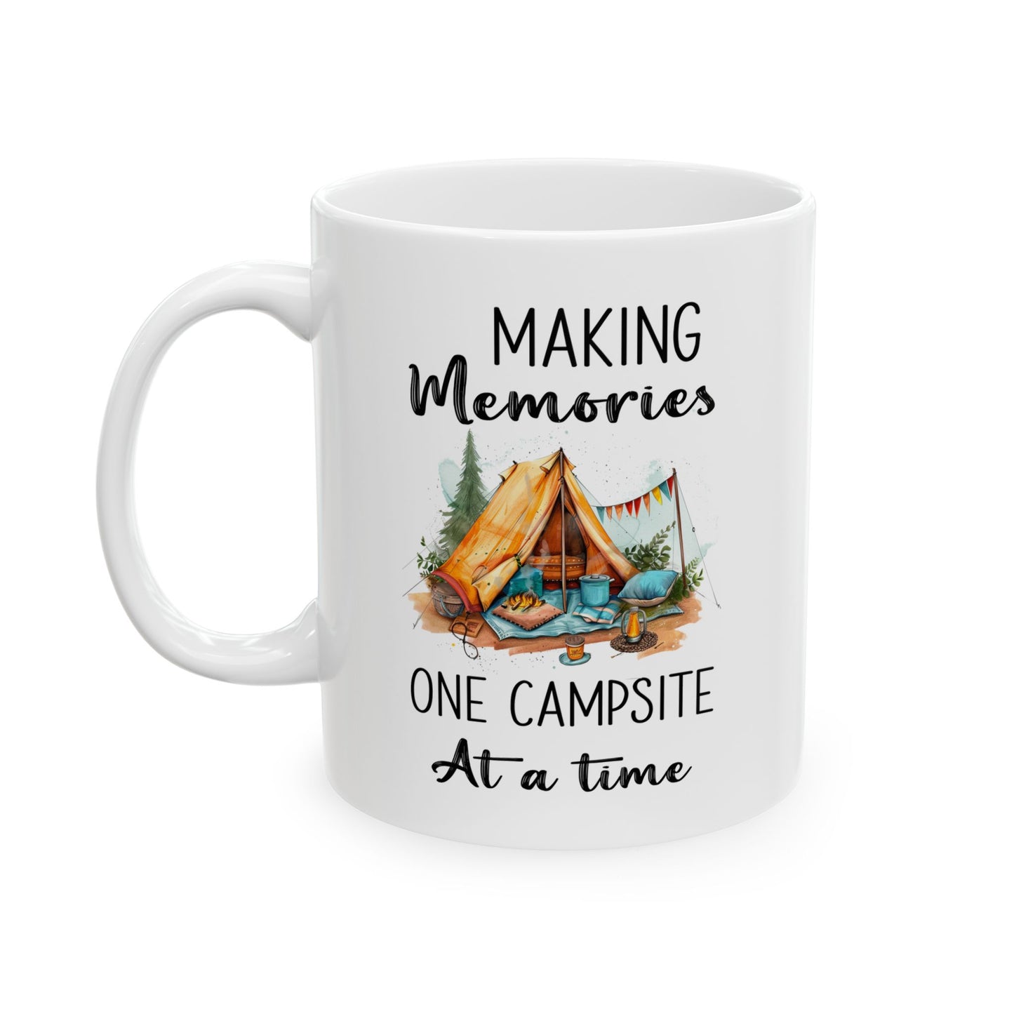 Cozy Glamping Tent with Campfire Ceramic Mug, (11oz, 15oz)