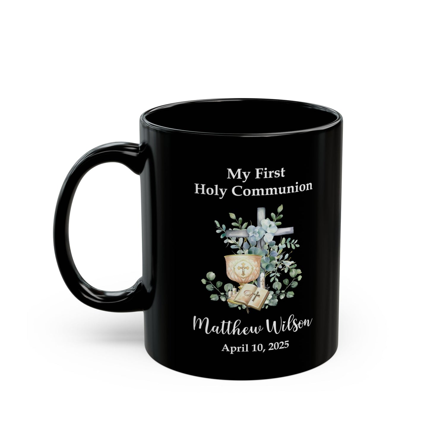 First Holy Communion Black Mug – Personalized Gift for Matthew