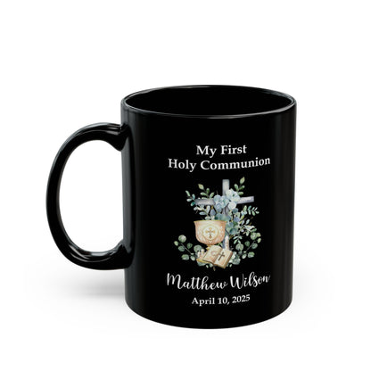 First Holy Communion Black Mug – Personalized Gift for Matthew
