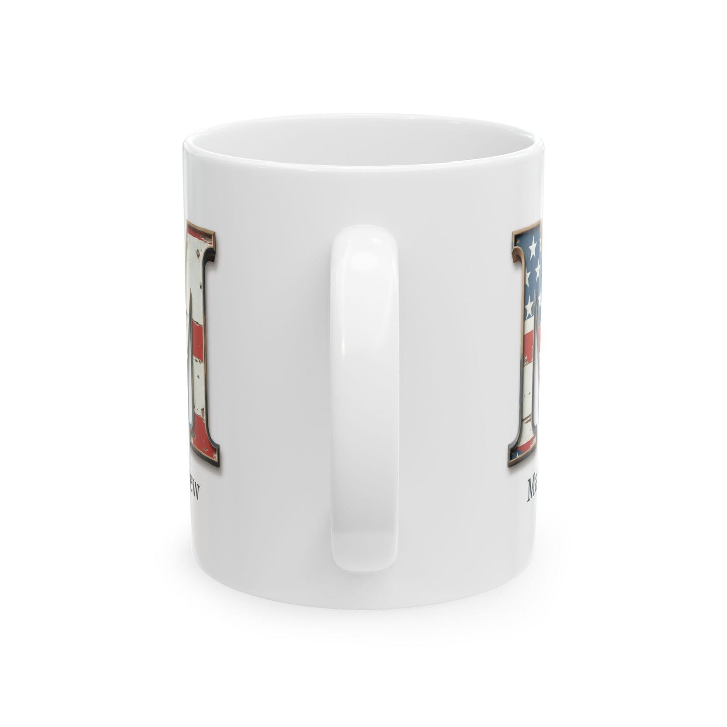 White American Flag Mug with Letter M and Name Matthew Personalized Patriotic Coffee Cup Gift for Veterans Military or Proud Americans