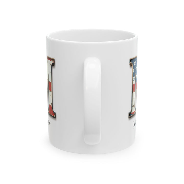 White American Flag Mug with Letter M and Name Matthew Personalized Patriotic Coffee Cup Gift for Veterans Military or Proud Americans