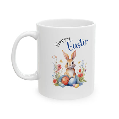 Happy Easter Mug – Cute Bunny with Colorful Eggs & Flowers