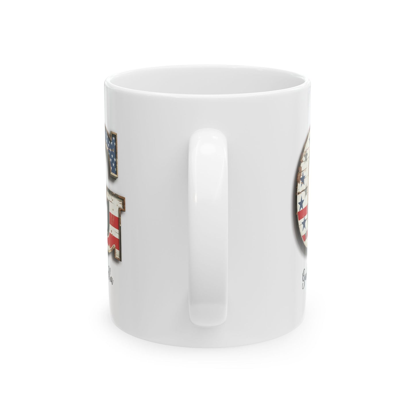 Mug - Patriotic American Flag Letter G with Kevin Name - Vintage Red, White, and Blue Design