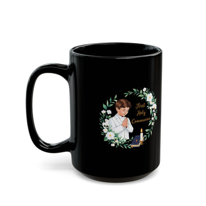 First Communion Boy Black Mug – Holy Gift with Prayer Design