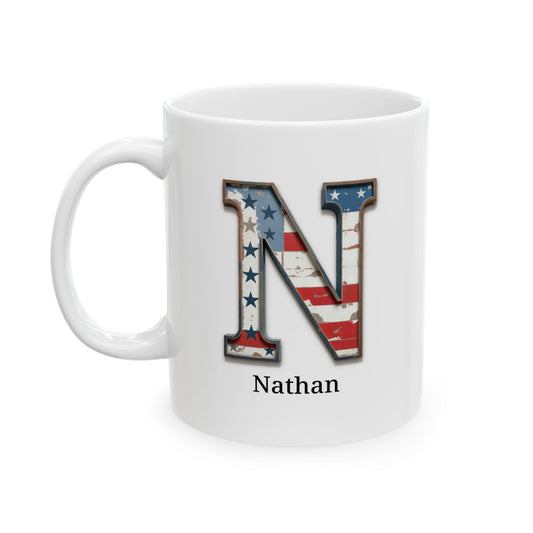 White American Flag Mug with Letter N and Name Nathan Personalized Patriotic Coffee Cup Gift for Veterans Military or Proud Americans