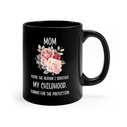 Funny Mom Mug - Childhood Survival Gift Floral Black Coffee Cup for Mom