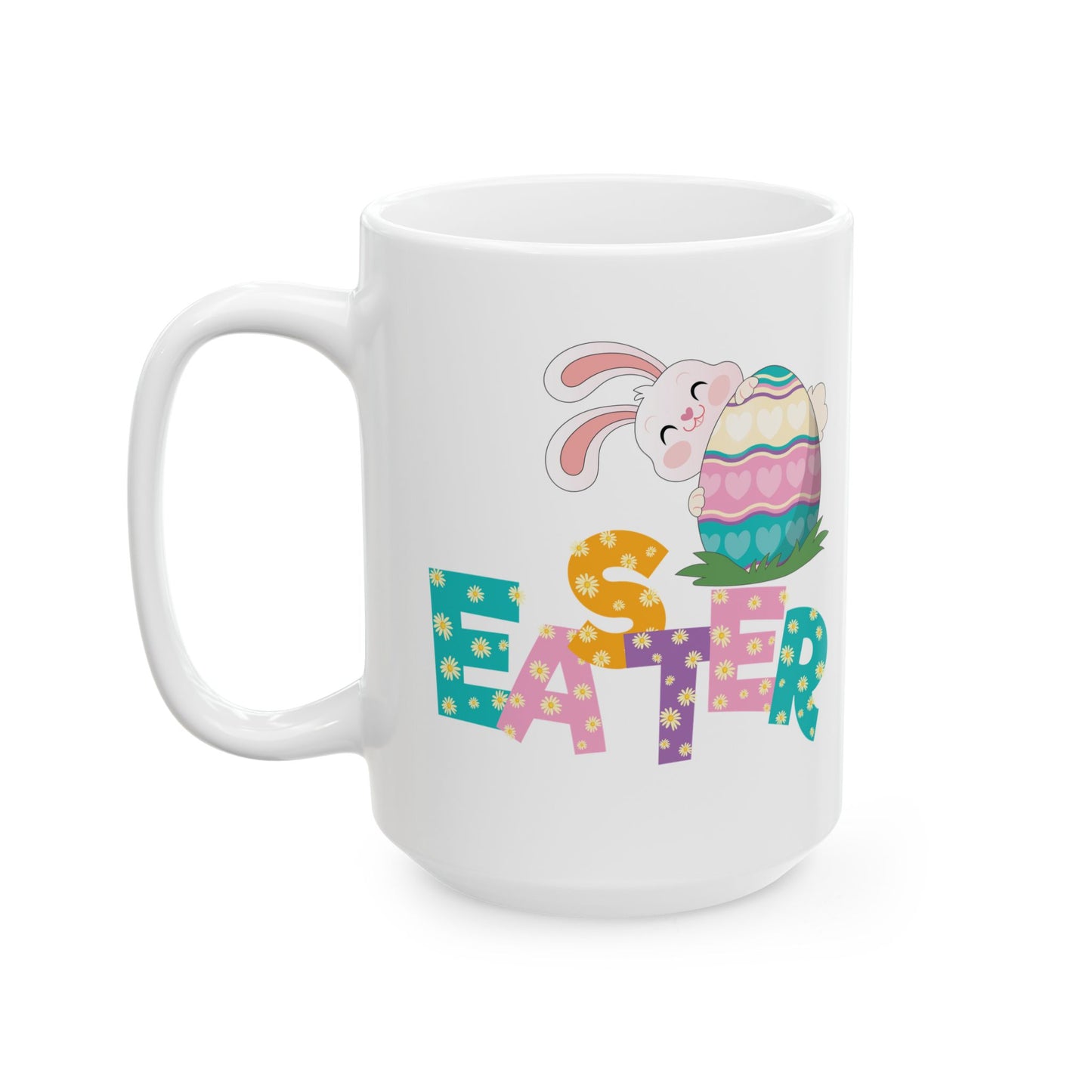 Colorful Easter Bunny Mug – Cute Egg & Letter Art Spring Cup