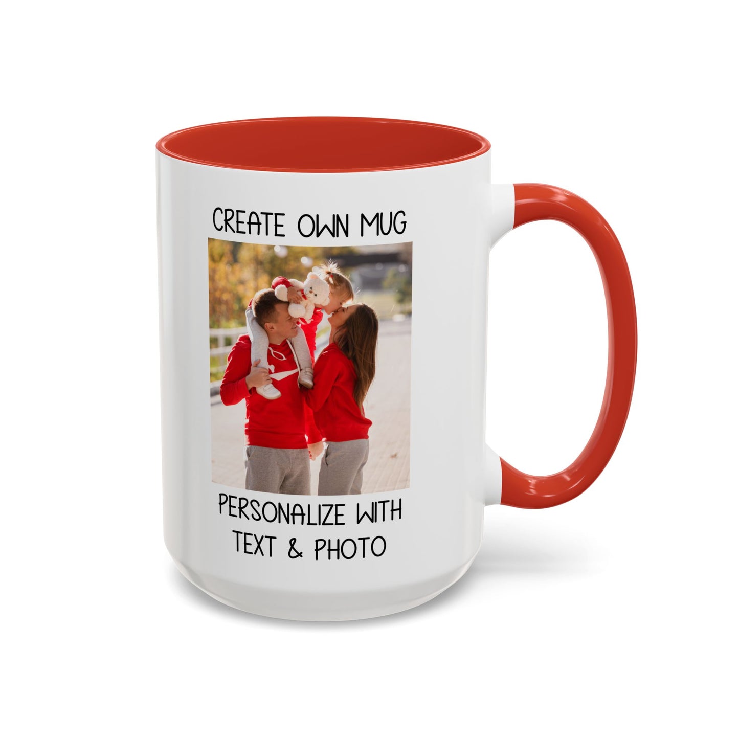 Happy Family Moments in Red Hoodies - Dad, Mom, and Daughter Outdoors Mug