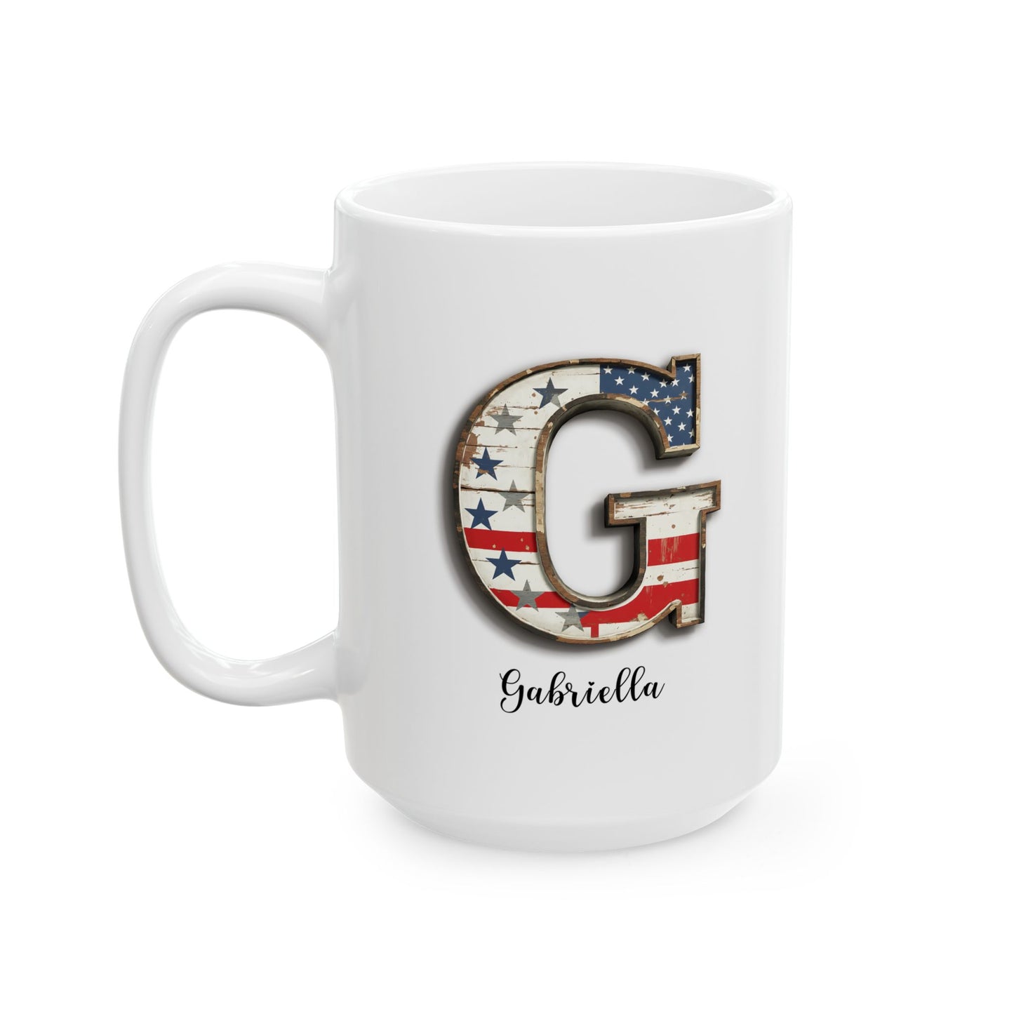 Mug - Patriotic American Flag Letter G with Kevin Name - Vintage Red, White, and Blue Design