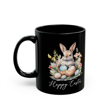 Happy Easter Mug – Watercolor Bunny and Eggs on Black Cup