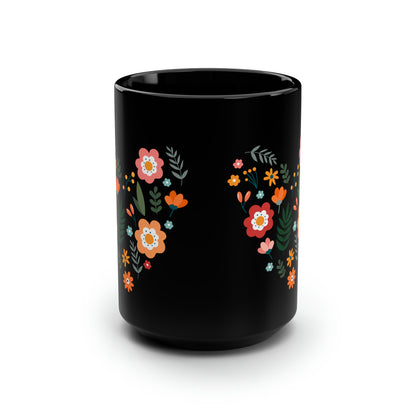 Floral Heart Design Black Mug - Vibrant and Cheerful Gift for Loved Ones