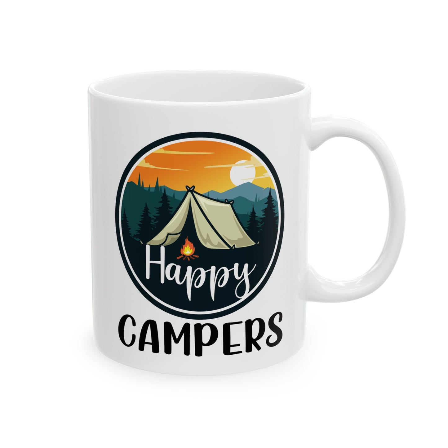 Happy Campers – Vintage Tent and Bonfire Adventure Scene Ceramic Mug, (11oz, 15oz)