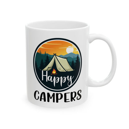 Happy Campers – Vintage Tent and Bonfire Adventure Scene Ceramic Mug, (11oz, 15oz)