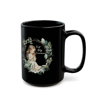 First Holy Communion Mug for Girl – Elegant Black Keepsake Cup