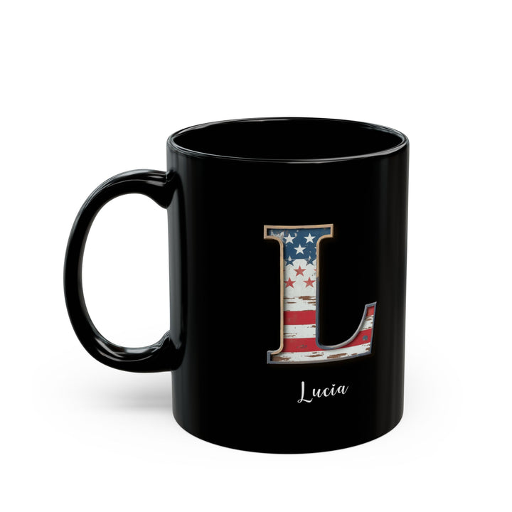 Mug - Patriotic American Flag Letter L with Kevin Name - Vintage Red, White, and Blue Design