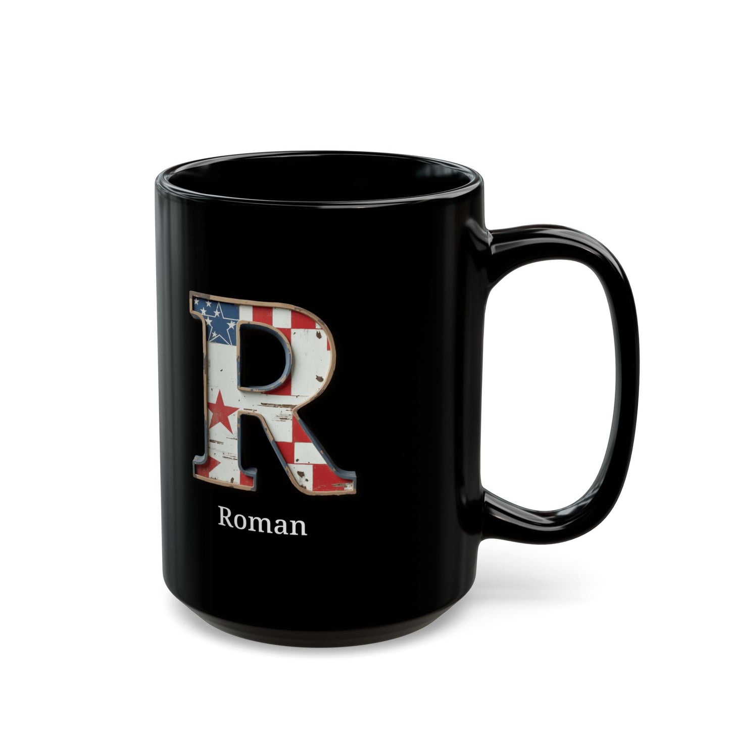Black American Flag Mug with Letter R and Name Roman Personalized Patriotic Coffee Cup Gift for Men Veterans or Proud USA Supporters
