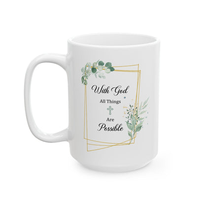 With God All Things Are Possible – White Floral Faith Mug