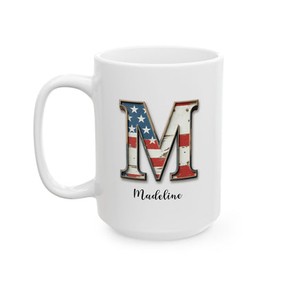 Mug - Patriotic American Flag Letter M with Kevin Name - Vintage Red, White, and Blue Design
