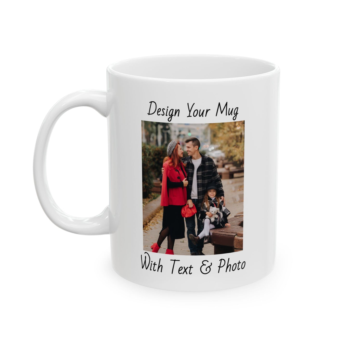 Family Fall Fashion - Mom, Dad, and Daughter in Stylish Outerwear Outdoors Mug