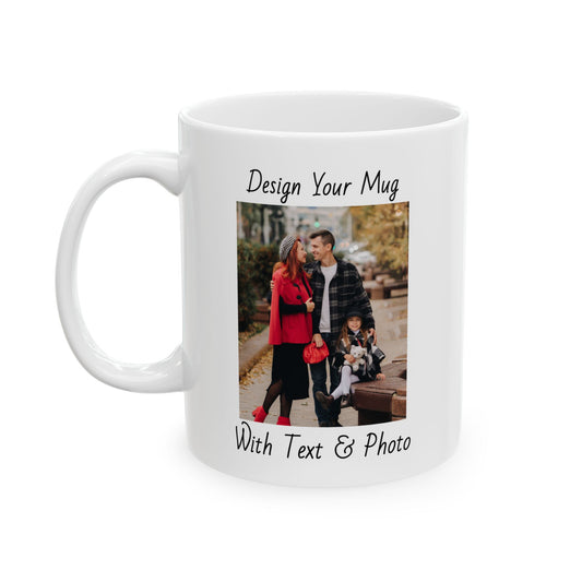 Family Fall Fashion - Mom, Dad, and Daughter in Stylish Outerwear Outdoors Mug