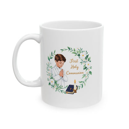 First Communion Boy White Mug – Holy Gift with Prayer Design