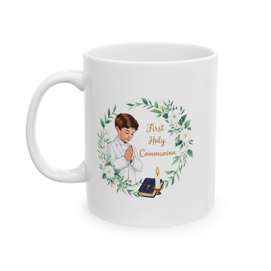 First Communion Boy White Mug – Holy Gift with Prayer Design