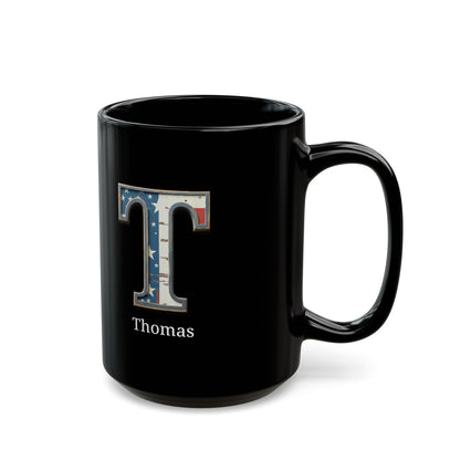 Black American Flag Mug with Letter T and Name Thomas Personalized Patriotic Coffee Cup Gift for Men Veterans or USA Flag Supporters