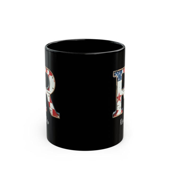 Mug - Patriotic American Flag Letter R with Kevin Name - Vintage Red, White, and Blue Design