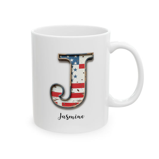 Mug - Patriotic American Flag Letter J with Kevin Name - Vintage Red, White, and Blue Design