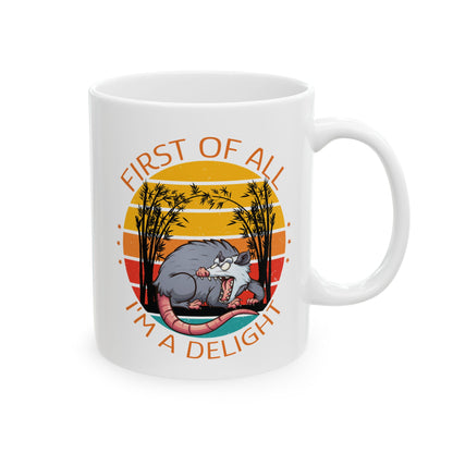 Cartoon Possum Mug – First of All I'm a Delight Funny Coffee Cup with Vintage Sunset for Animal Lovers