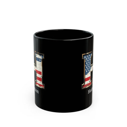 Black Personalized USA Flag Initial Mug with Letter H and Hudson Name Gift for Men, Veterans, Patriotic Coffee Lovers