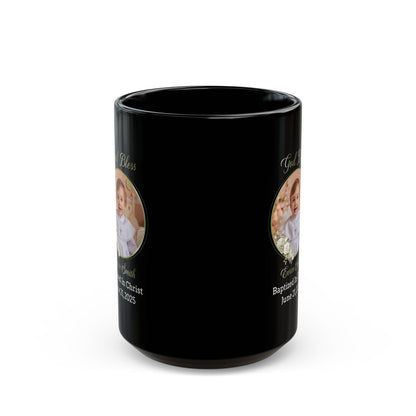 Black Personalized Baptism Mug for Boy – Custom Photo and Name Keepsake Gift – God Bless Evan Smith – Christian Baby Baptized in Christ 2025