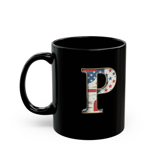 Black American Flag Mug with Letter P Patriotic Initial Coffee Cup Gift for Veterans Military Supporters or Proud Americans