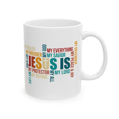 Jesus Is Word Cloud White Mug – Christian Faith Inspiration