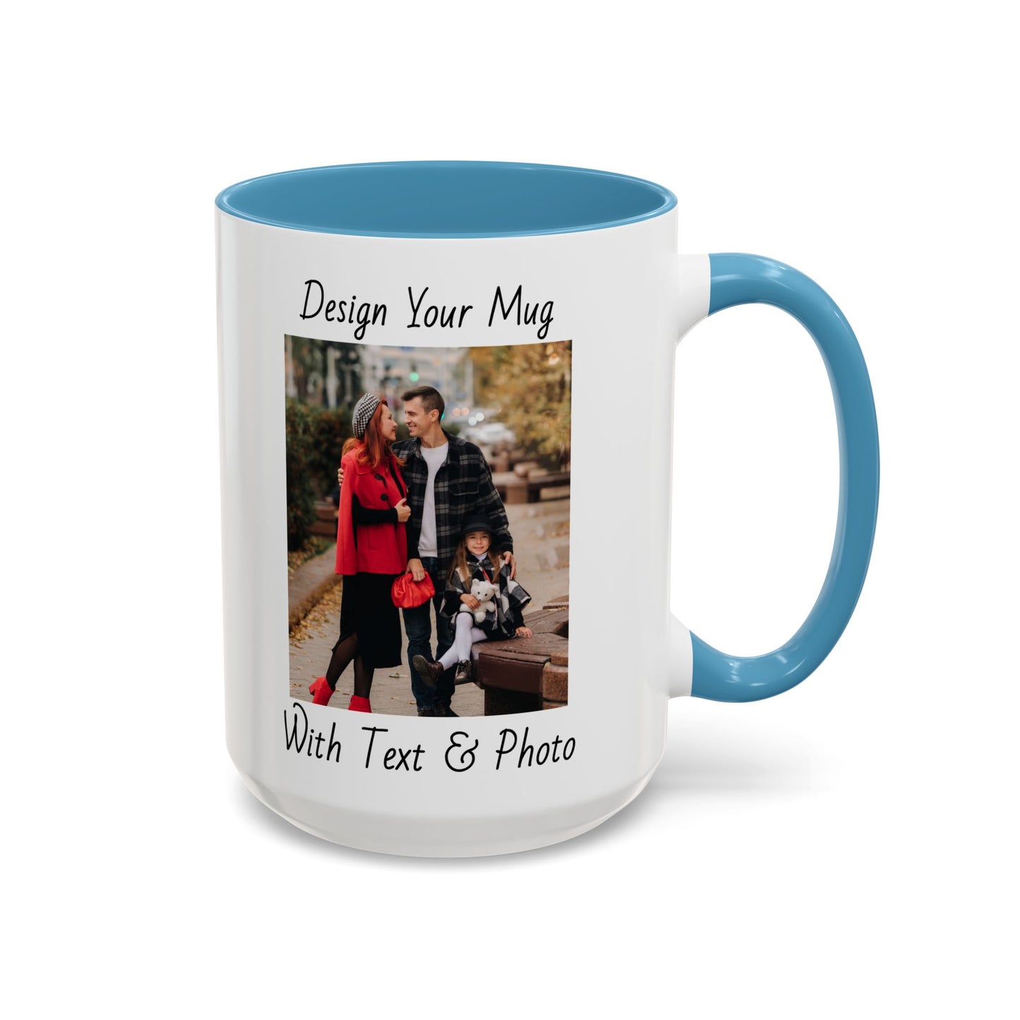 Family Fall Fashion - Mom, Dad, and Daughter in Stylish Outerwear Outdoors Mug