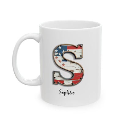 Mug - Patriotic American Flag Letter S with Kevin Name - Vintage Red, White, and Blue Design