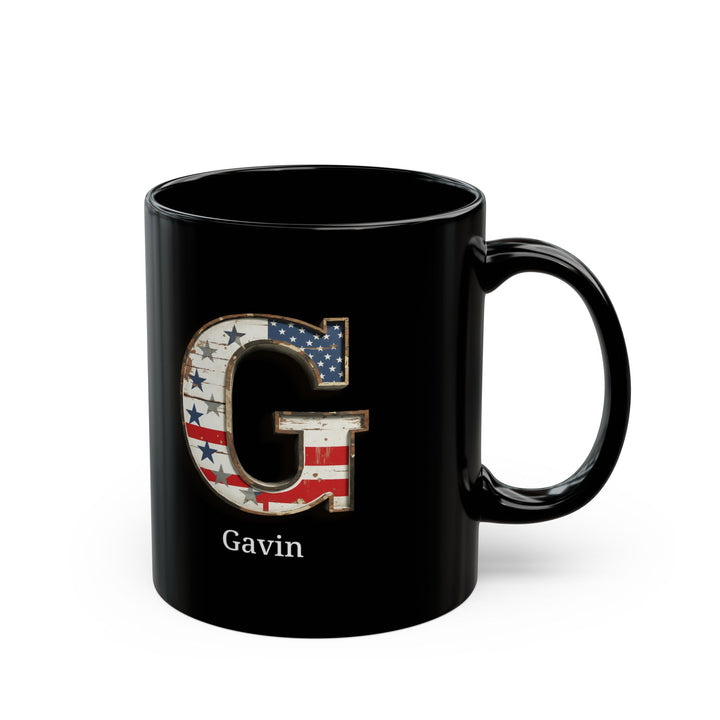 Black Personalized USA Flag Initial Mug with Letter G and Gavin Name Gift for Men, Veterans, Patriotic Coffee Lovers