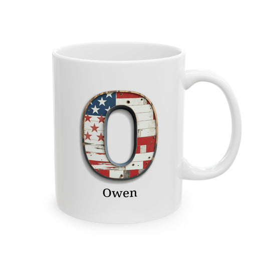 White American Flag Mug with Letter O and Name Owen Personalized Patriotic Coffee Cup Gift for Veterans Military Families or Proud Americans