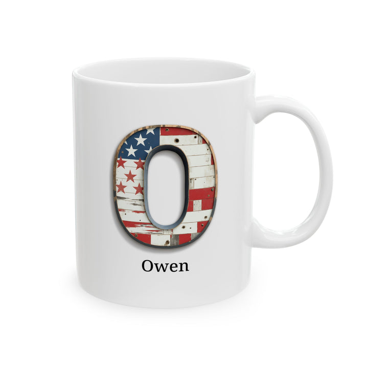 White American Flag Mug with Letter O and Name Owen Personalized Patriotic Coffee Cup Gift for Veterans Military Families or Proud Americans