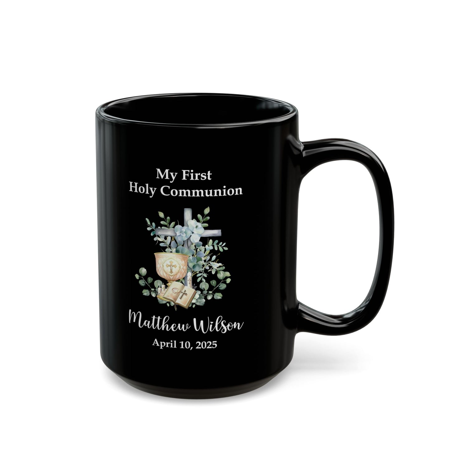 First Holy Communion Black Mug – Personalized Gift for Matthew
