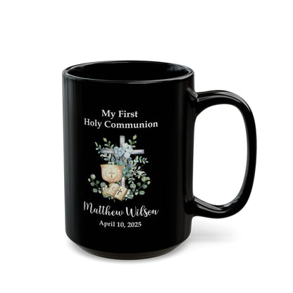 First Holy Communion Black Mug – Personalized Gift for Matthew