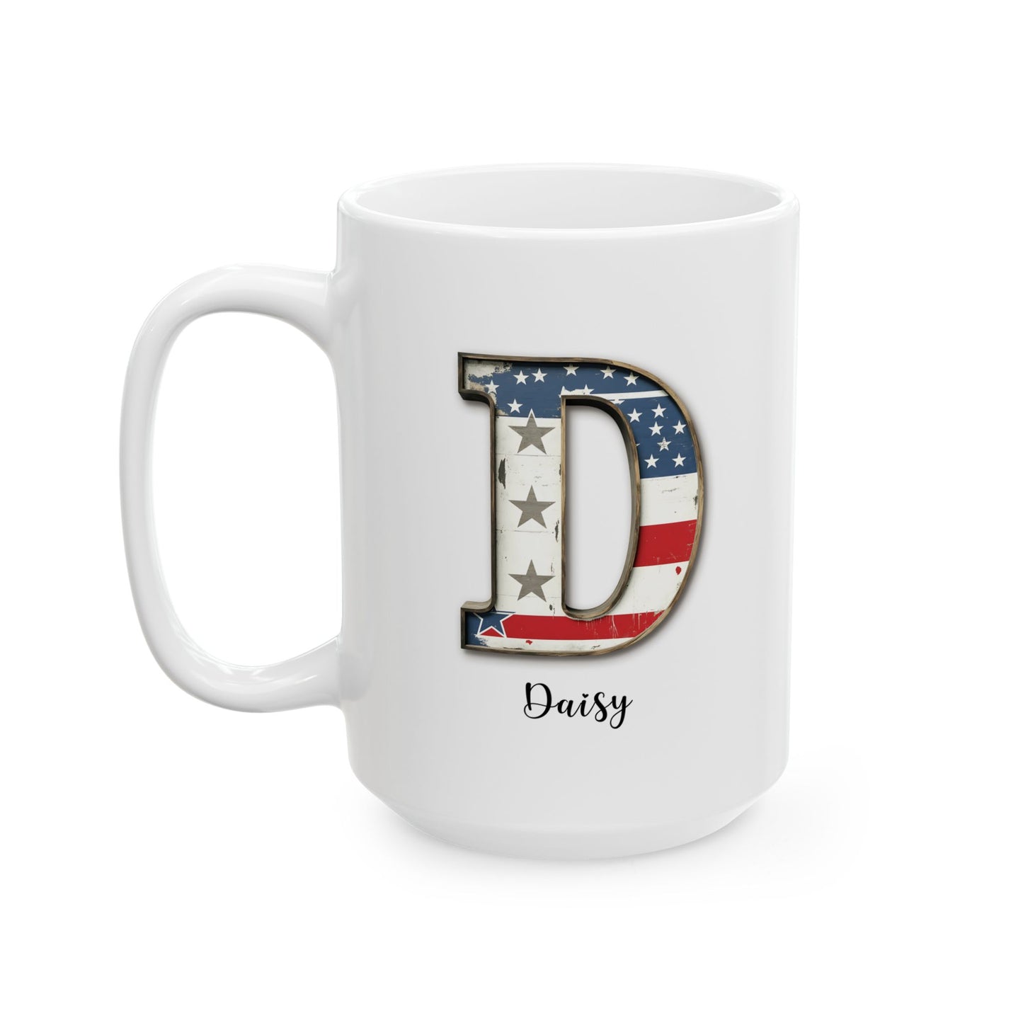 Mug - Patriotic American Flag Letter D with Kevin Name - Vintage Red, White, and Blue Design