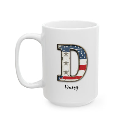 Mug - Patriotic American Flag Letter D with Kevin Name - Vintage Red, White, and Blue Design